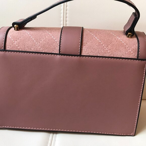 Pink Faux Suede and Faux Leather Crossbody Bag Purse Satchel with Top Handle - Picture 2 of 9